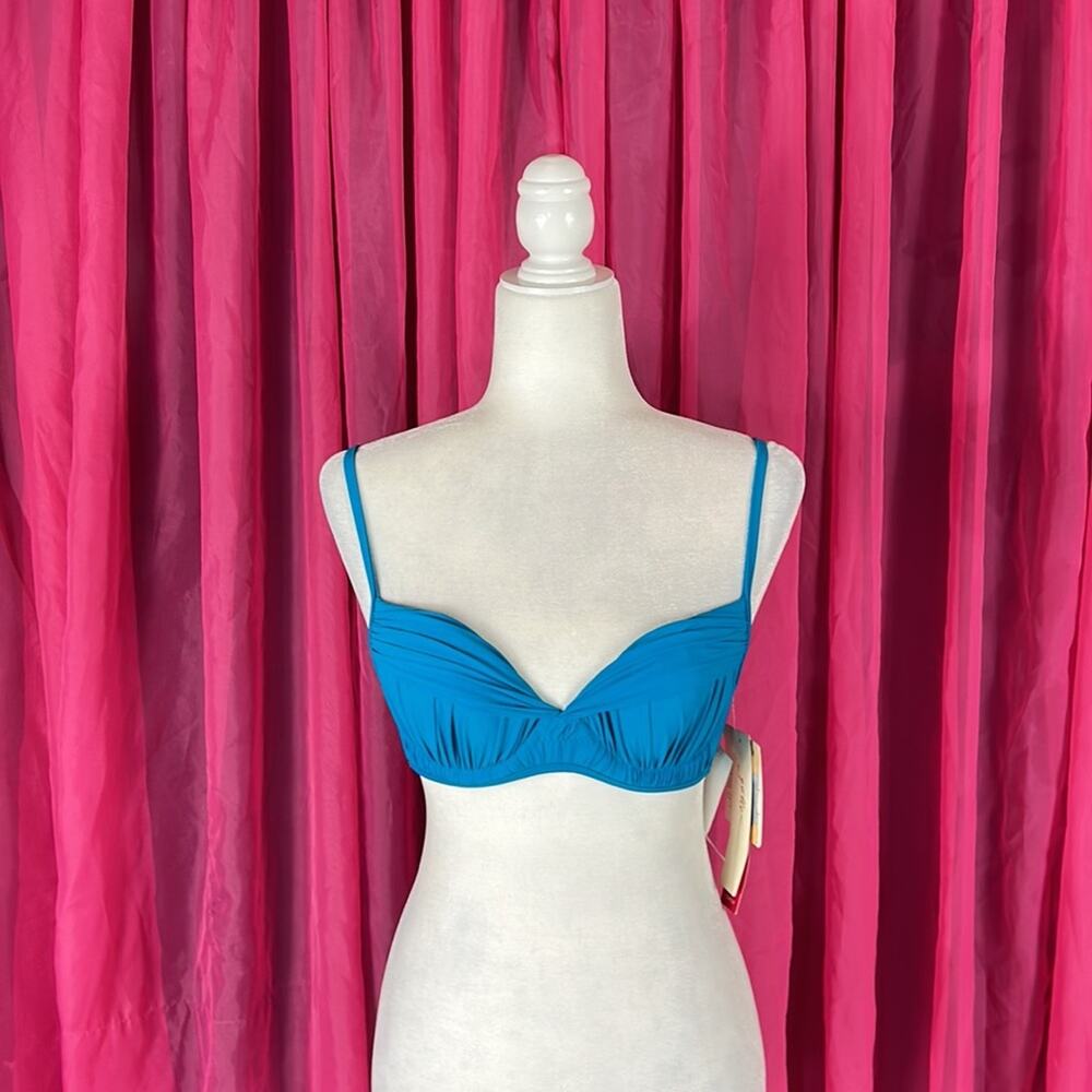 Gottex Contour rouched turquoise underwire padded bikini top, size 6 NWT